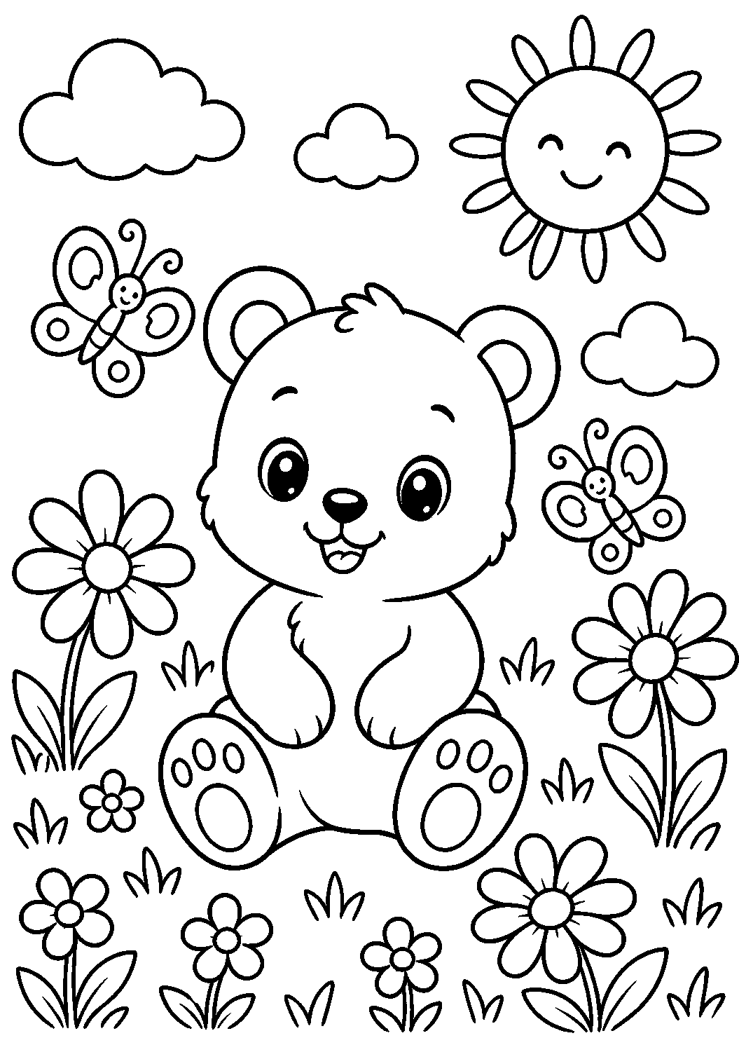 Bear Cub Flower Garden Coloring Page