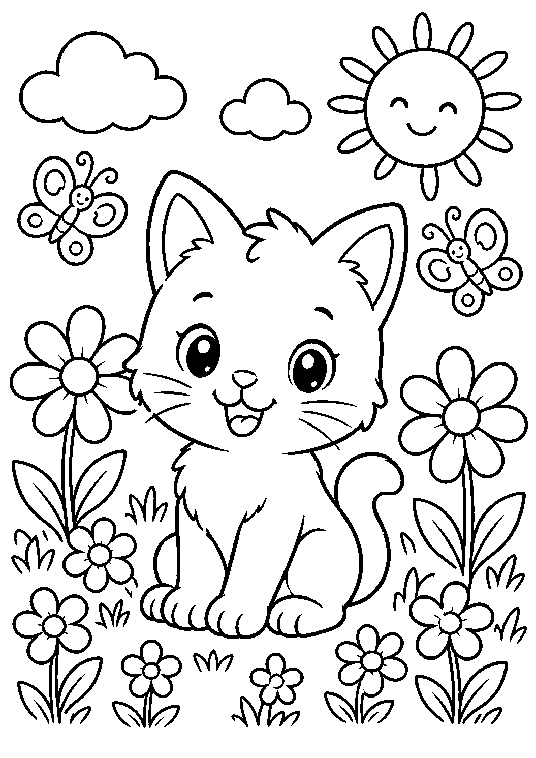 Kitten Flower Garden Coloring Page